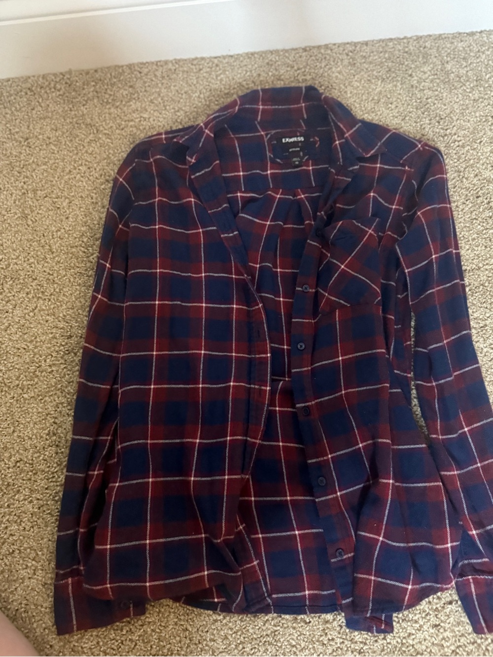 Express Navy and Burgundy Plaid Button-Down Shirt